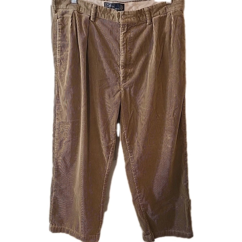 Vintage Polo Ralph Lauren Andrew Pants Mens 36x26 Corduroy Pleated Brown Khaki